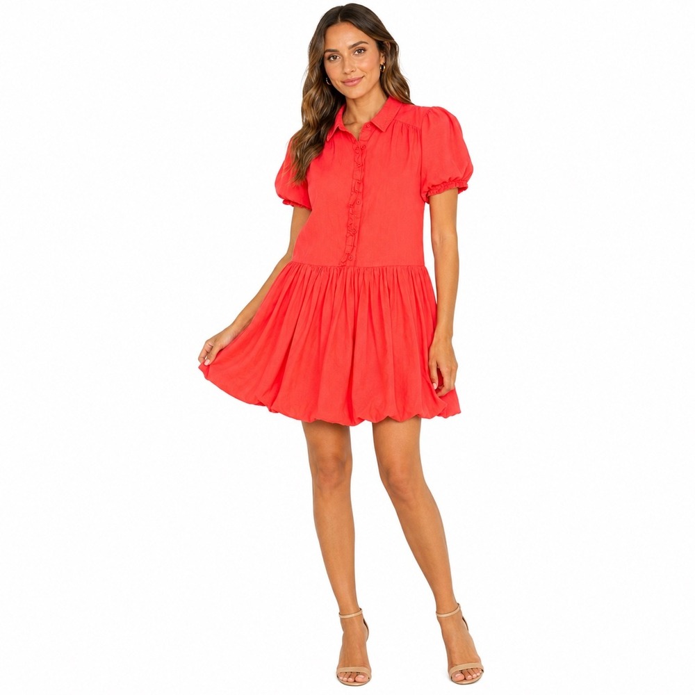 Umgee USA Coral orange Linen Blend Puff Sleeve Bubble hem Mini Dress large